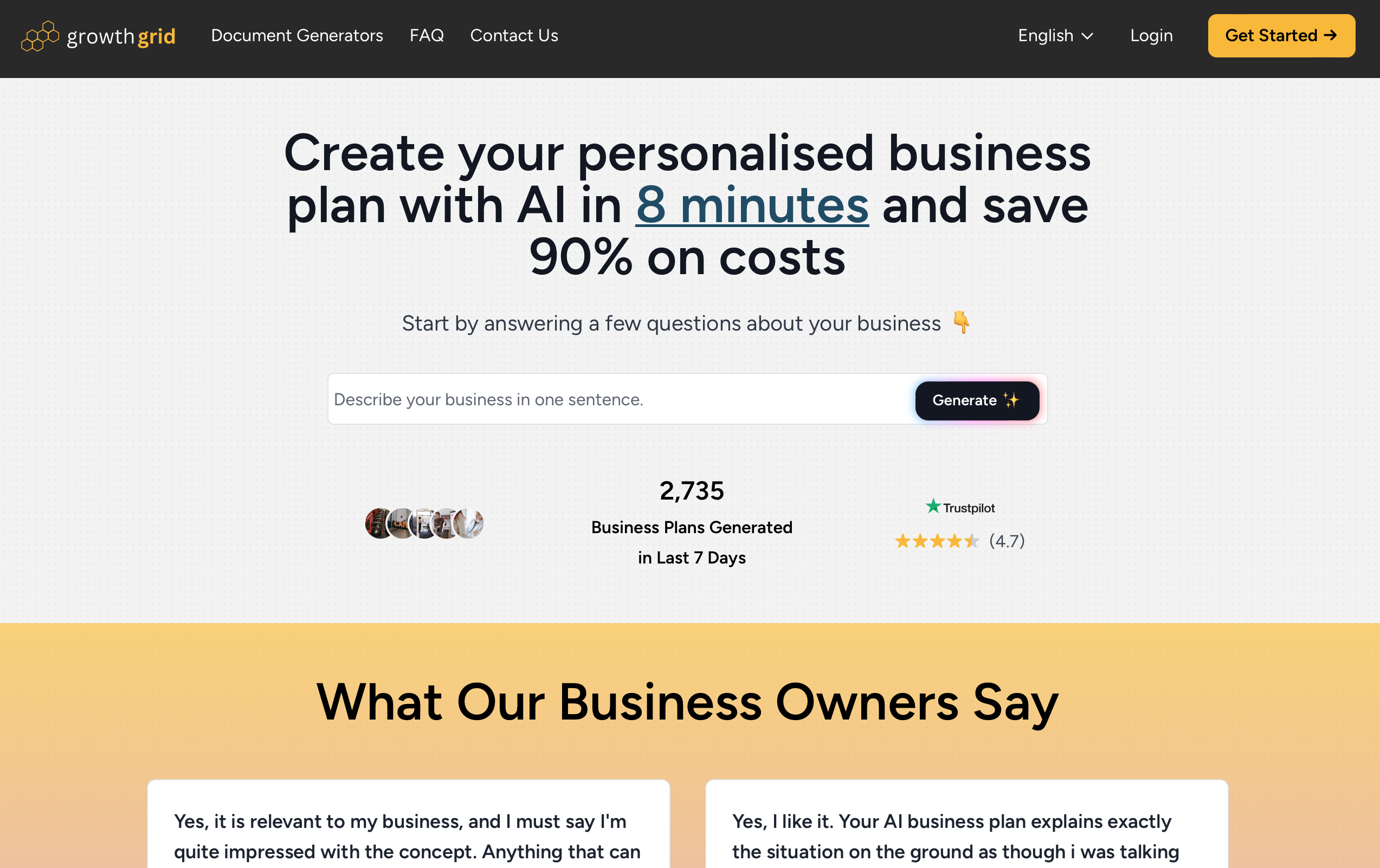 GrowthGrid website - AI bedrijfsplan generator
